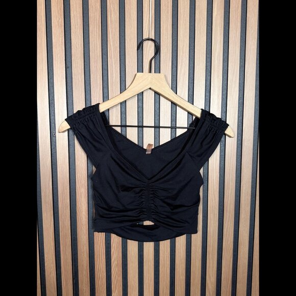 Free People Top XS Black Cut Out Back Rouched Front Cropped Shirt Jersey Knit - Picture 1 of 5